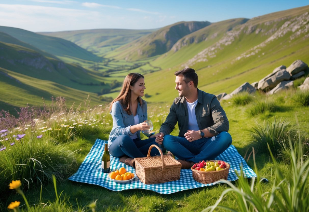 A couple having a picnic on a grassy hillside in the Peak District National Park with rolling hills and blue sky in the background.
