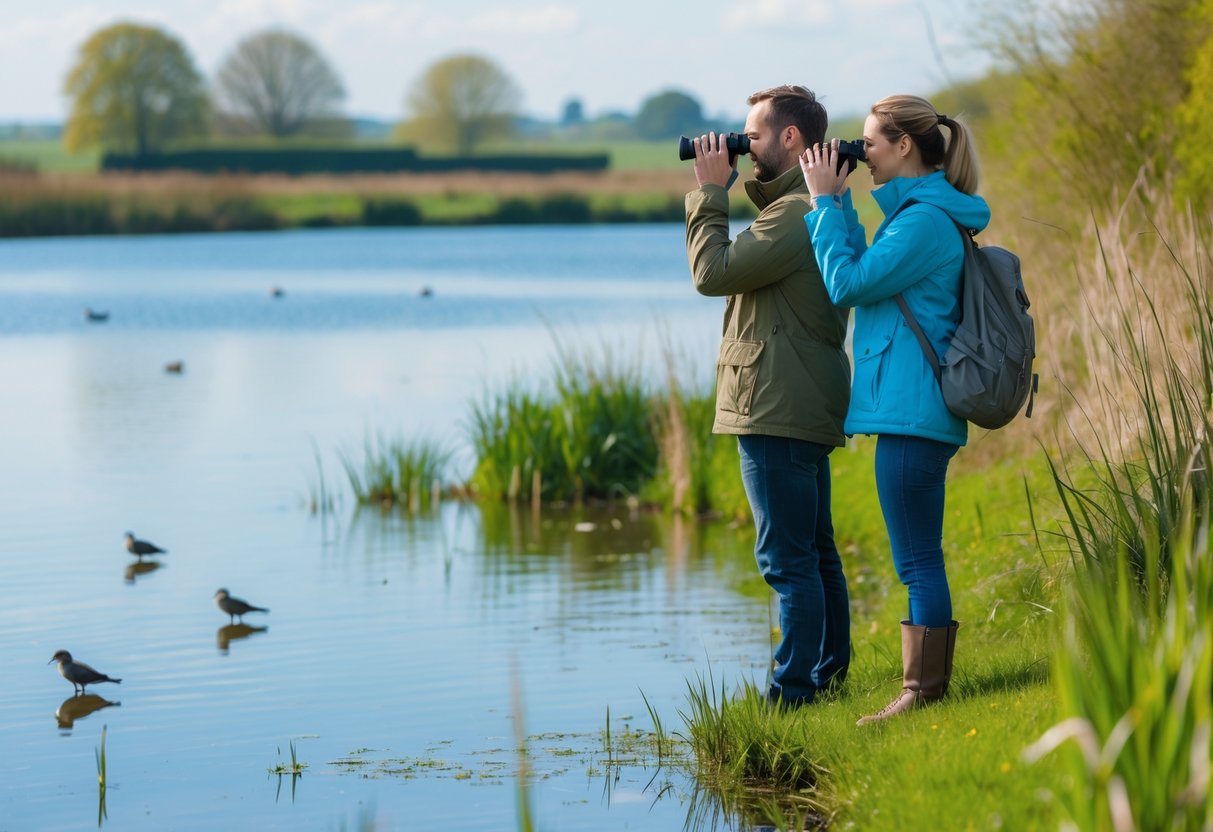 A couple birdwatching together by the water at Rutland Water, surrounded by greenery and birds.