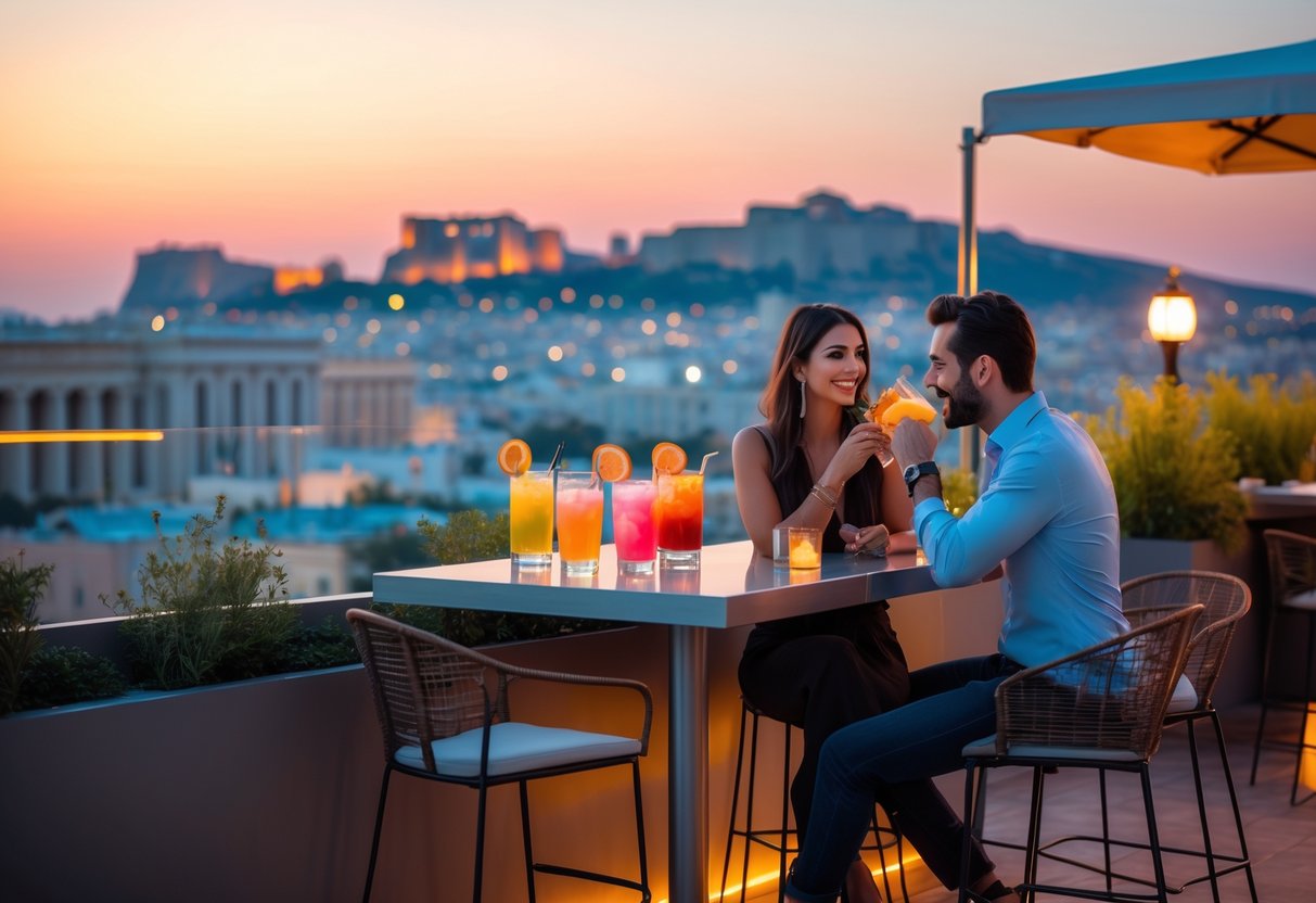 Couple enjoying cocktails together at an outdoor rooftop bar overlooking the city of Athens at sunset.
