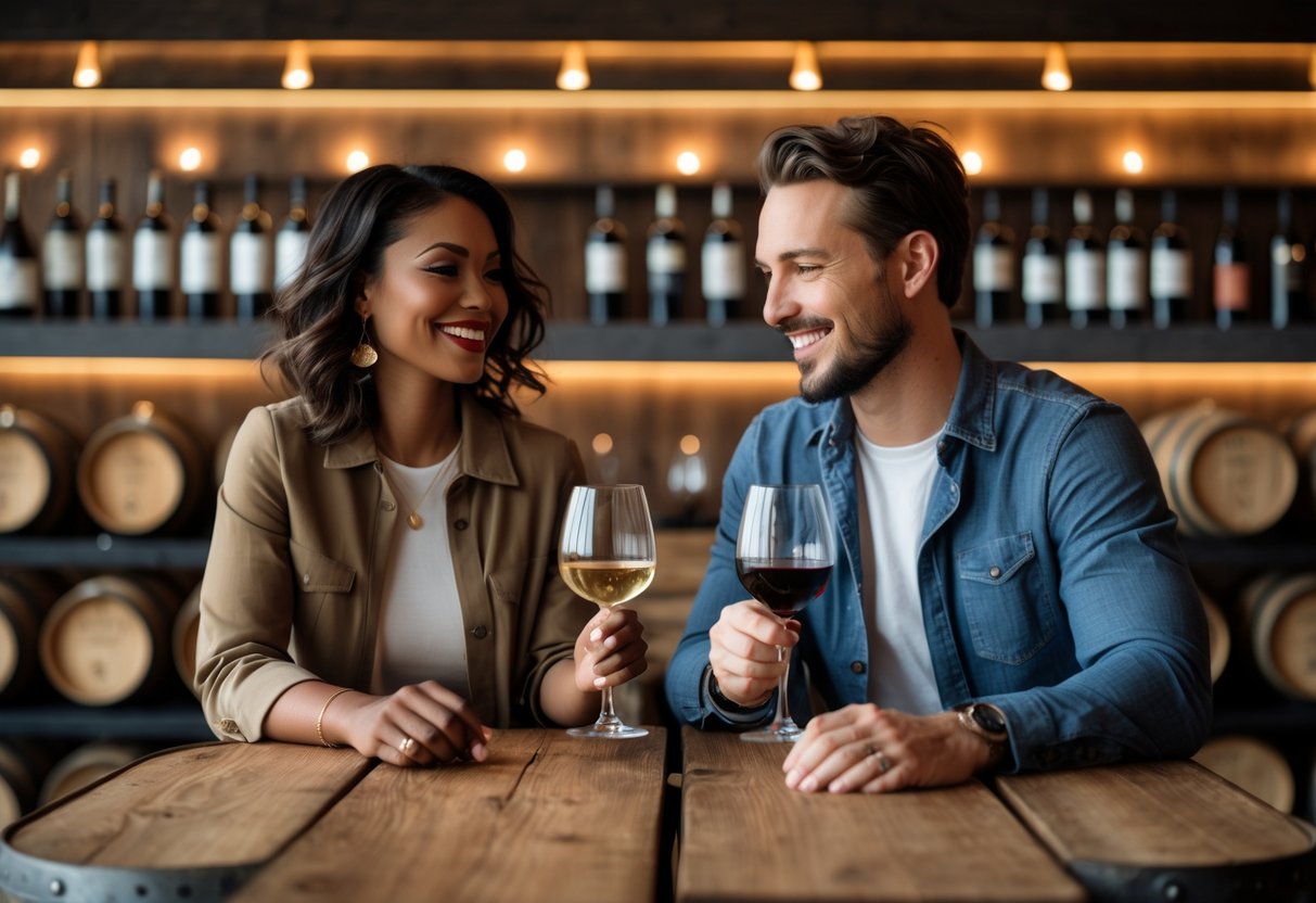 A couple enjoying wine tasting together at City Winery Atlanta, sitting at a wooden table with wine glasses and bottles in the background.