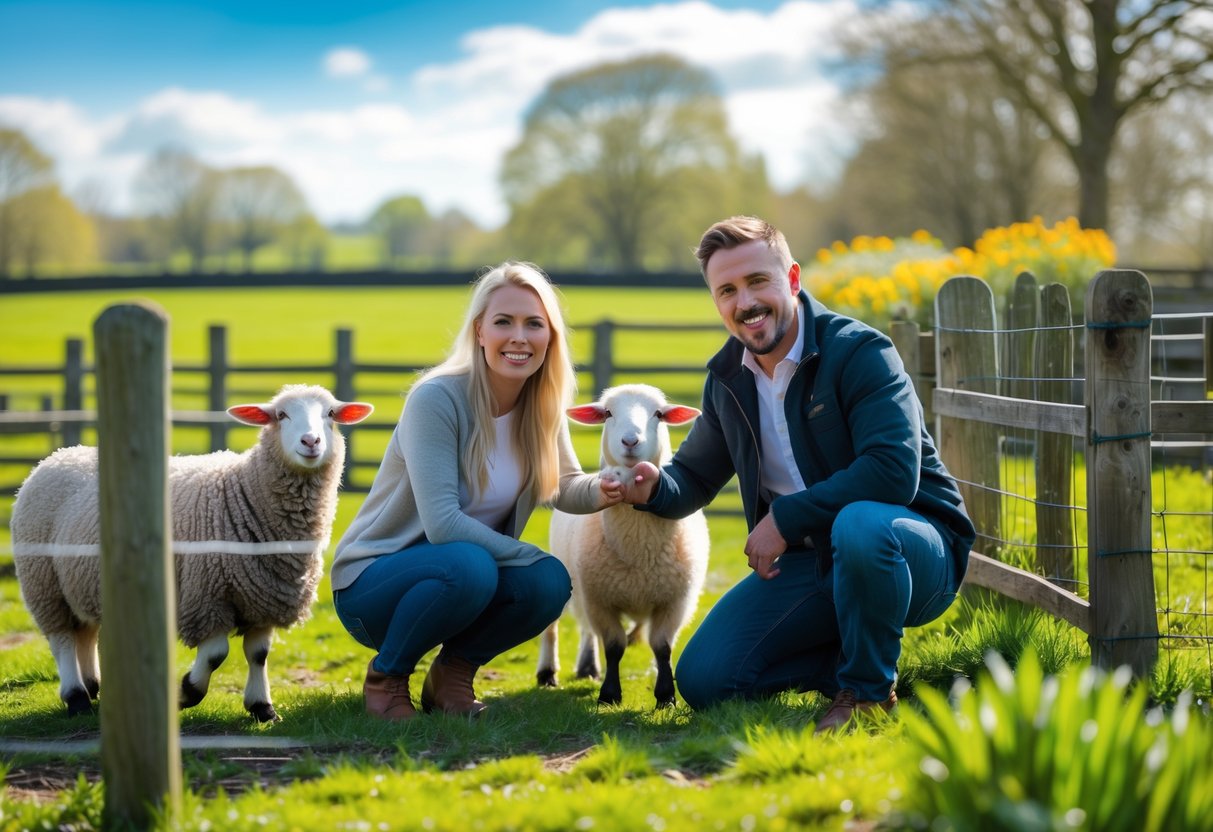 A couple enjoying time together interacting with farm animals in a green field at Matlock Farm Park on a sunny day.