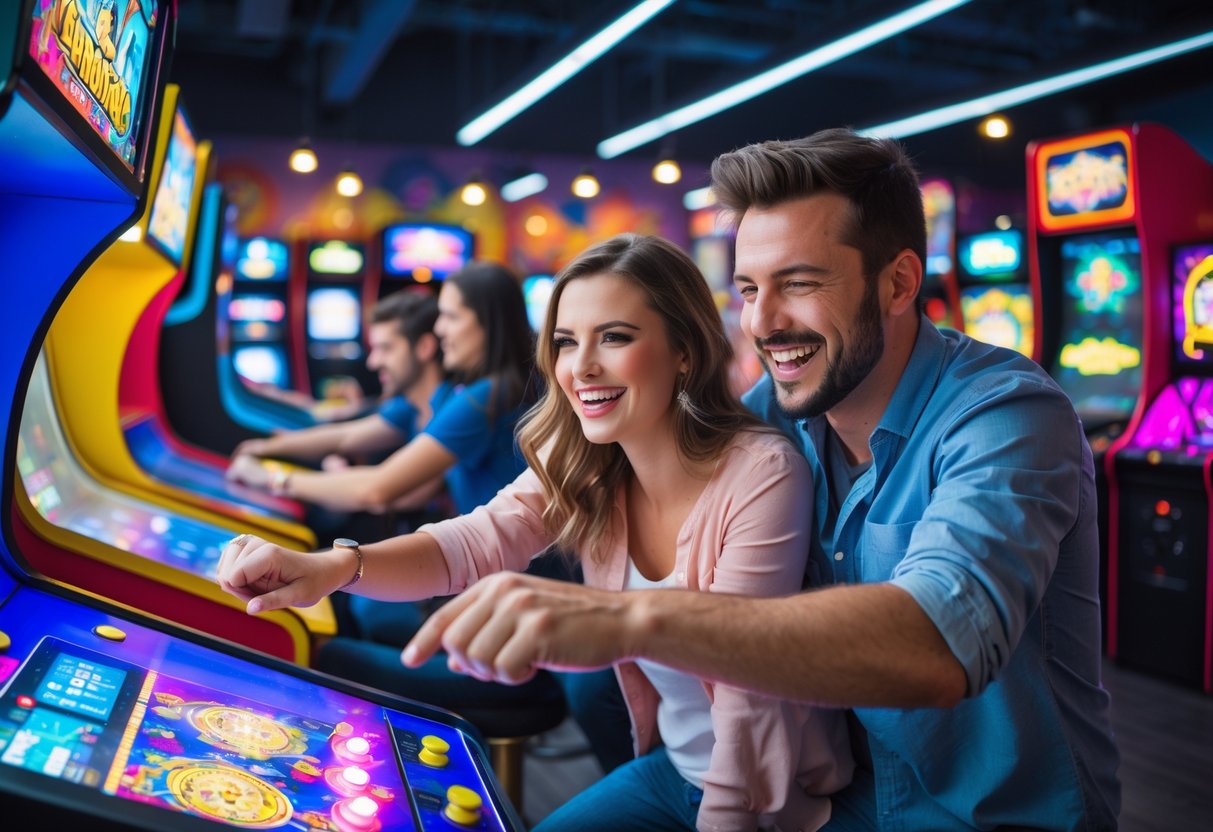 A couple playing arcade games together in a lively arcade filled with colorful machines and bright lights.