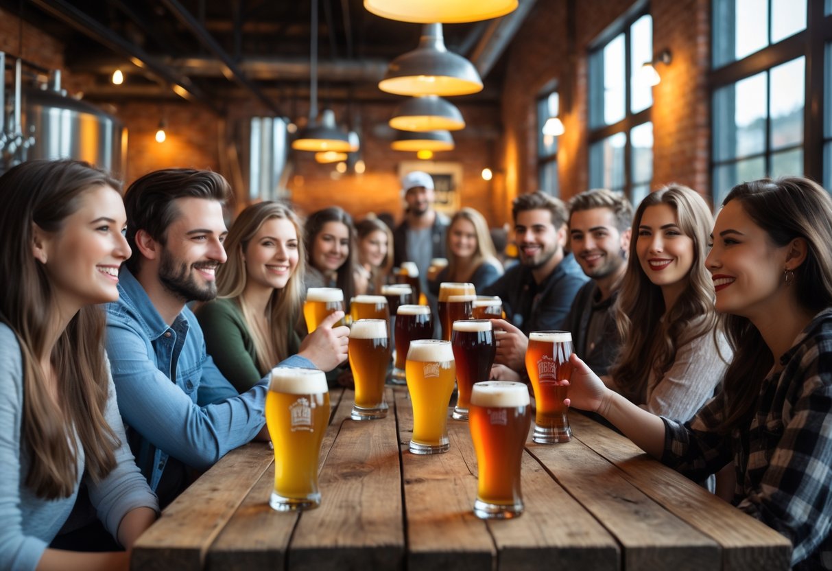 A group of young adults tasting craft beers together at a brewery table.