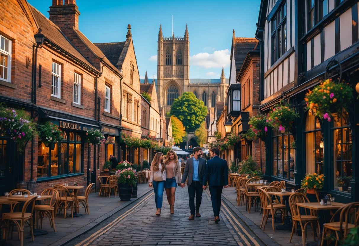 Couples walking and sitting at outdoor cafés on a cobblestone street in Lincoln’s historic city center with medieval buildings and Lincoln Cathedral visible in the background.