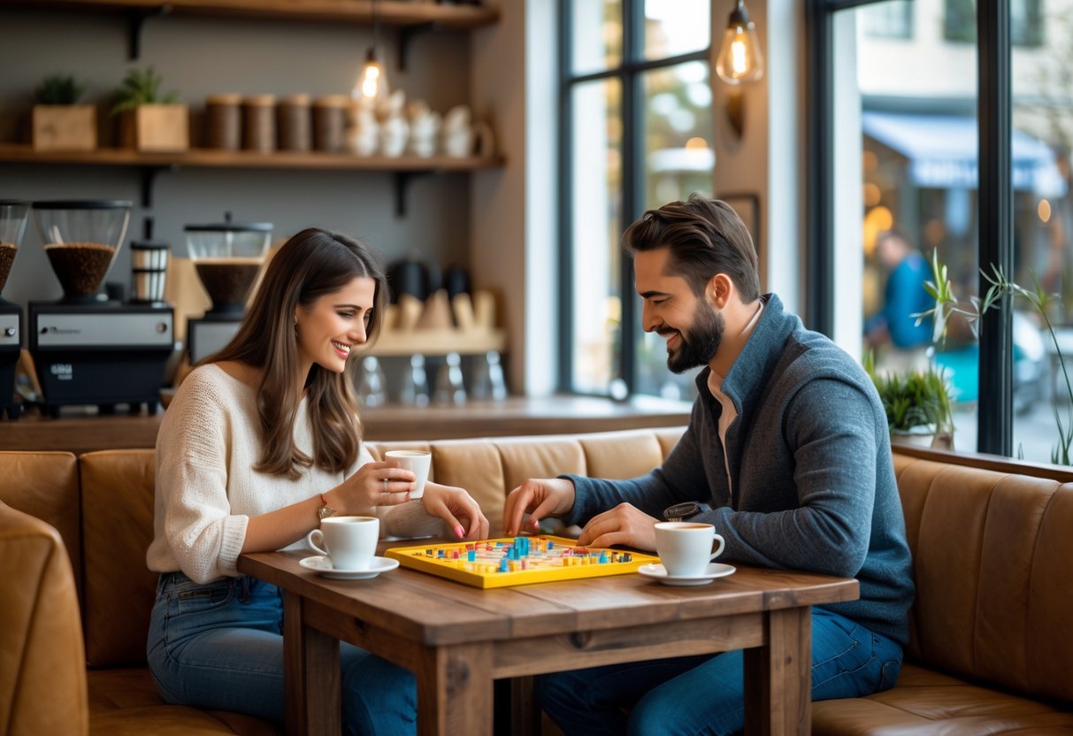 A couple playing a board game and drinking coffee together at a cozy coffee shop table.