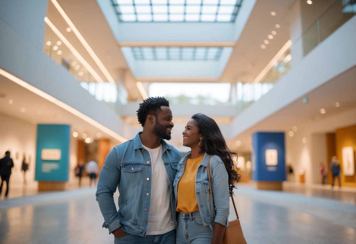 A couple exploring exhibits inside a modern museum with bright lighting and contemporary design.