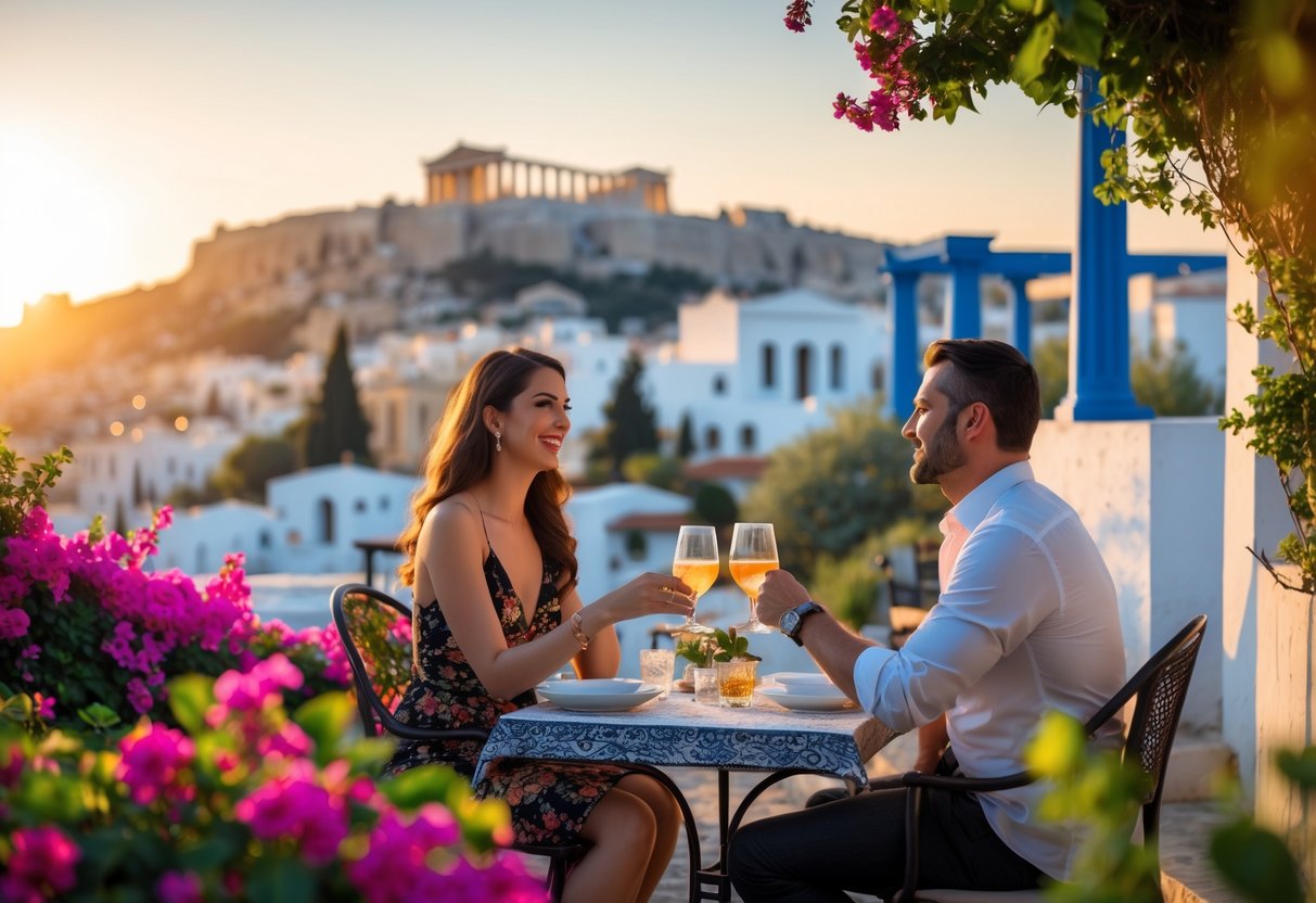 A couple enjoying a romantic outdoor dinner with the Acropolis visible in the background at sunset.