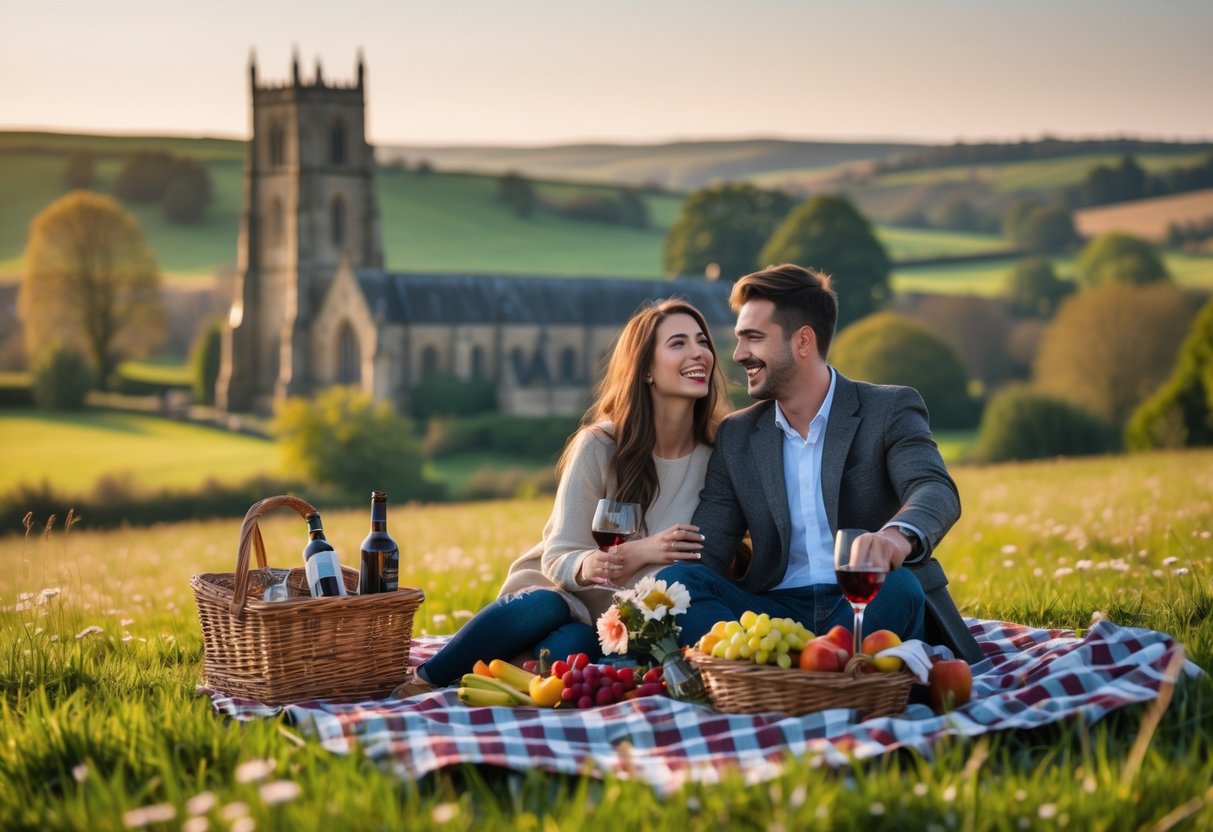 A young couple having a picnic on a blanket in a green countryside with hills and a stone church in the background.