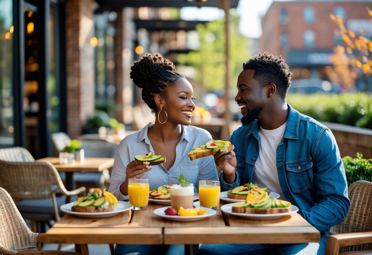 A young couple enjoying brunch together at an outdoor cafe patio surrounded by greenery and city buildings.