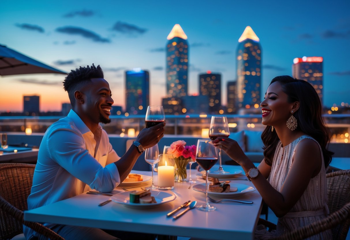 A couple enjoying a romantic dinner at a rooftop restaurant with the Atlanta skyline lit up behind them.