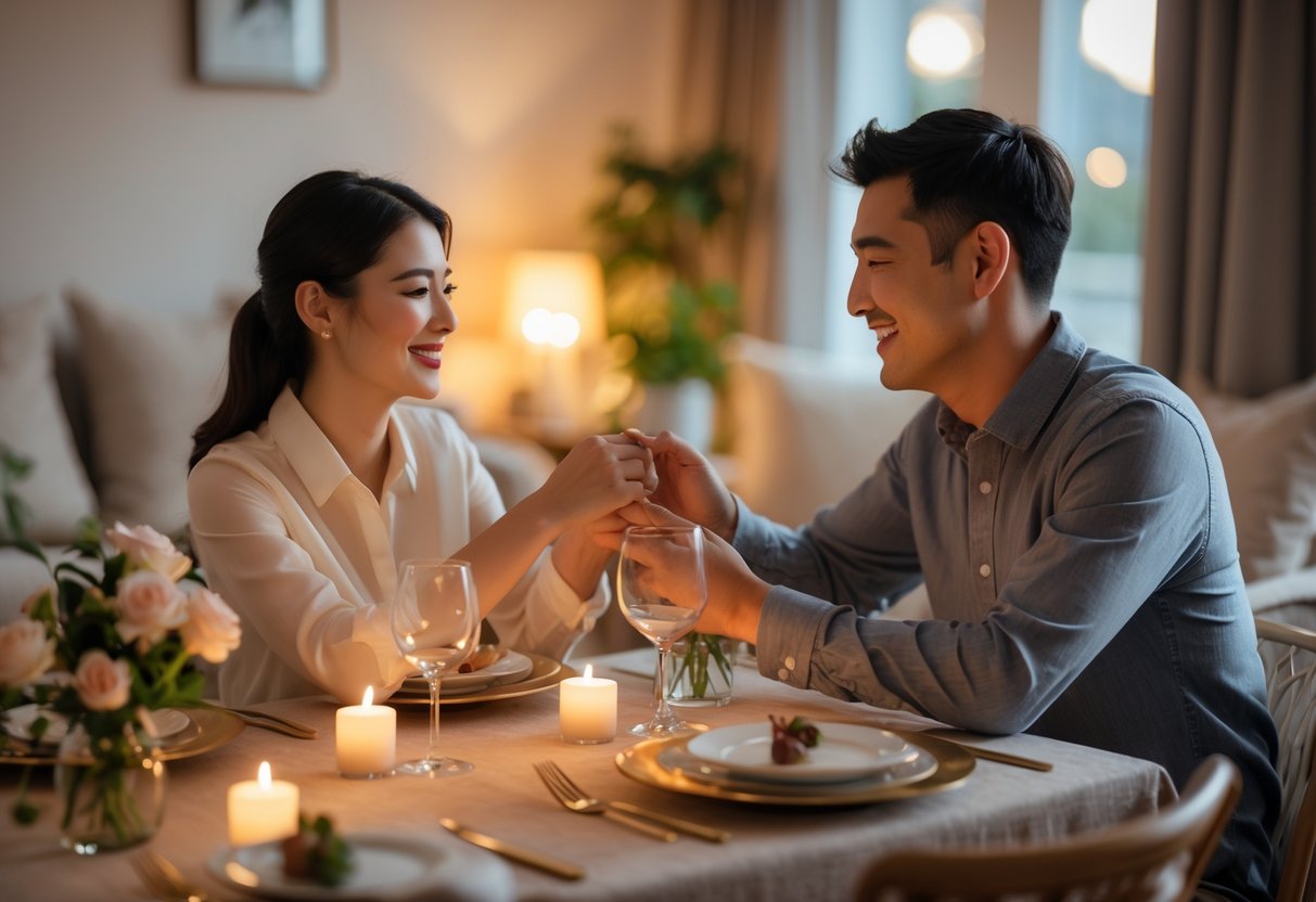 A couple sitting at a candlelit dining table at home, holding hands and smiling during a romantic anniversary dinner.