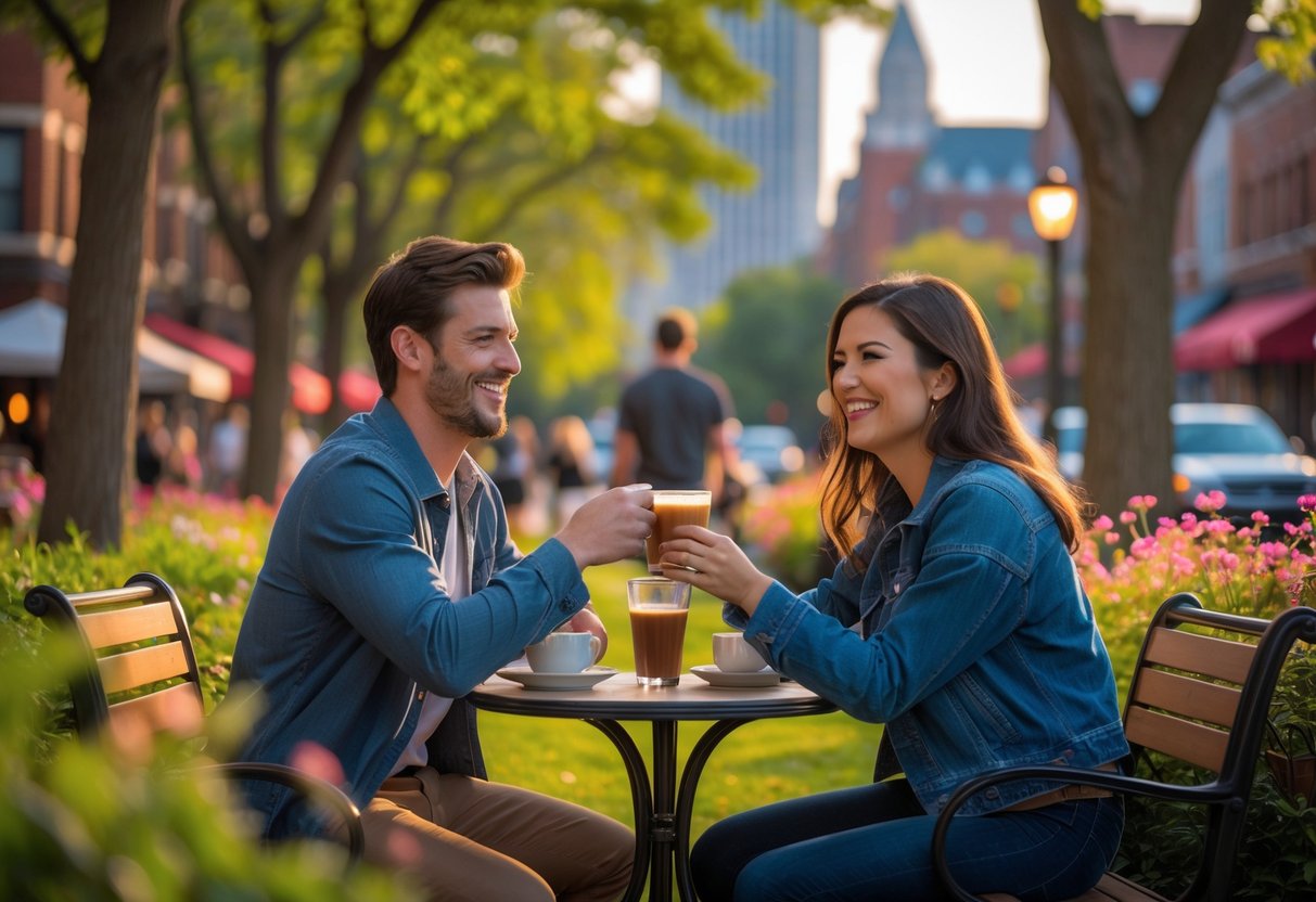 A young couple enjoying a romantic date outdoors in a park in East Lansing, walking hand-in-hand along a tree-lined path with greenery and flowers around them.