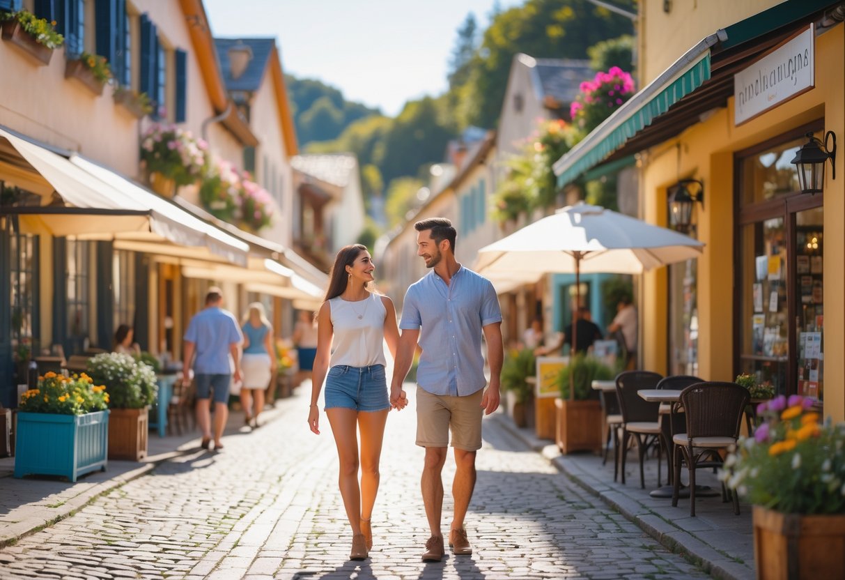 A couple holding hands and walking along a cobblestone street in a small town with shops and cafes.