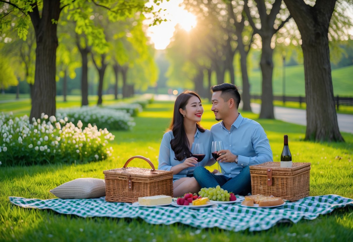 A couple enjoying a picnic together on a blanket in a green park surrounded by trees and flowers.