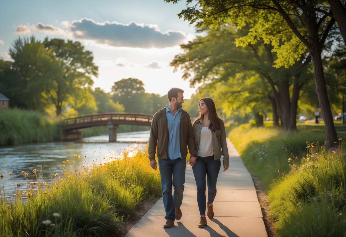 A young couple walking hand in hand along a tree-lined river trail with a bridge in the background on a sunny day.