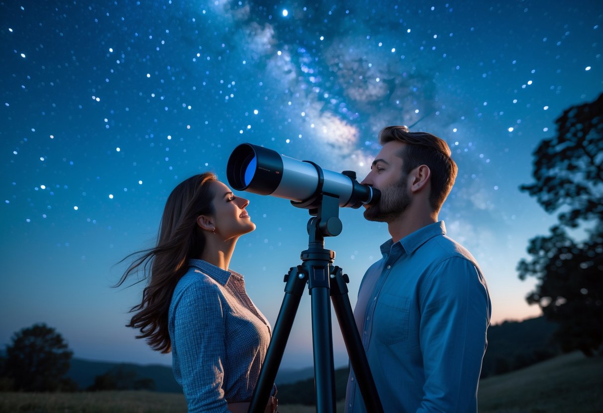 A couple outdoors at night using a telescope to look at the stars together.