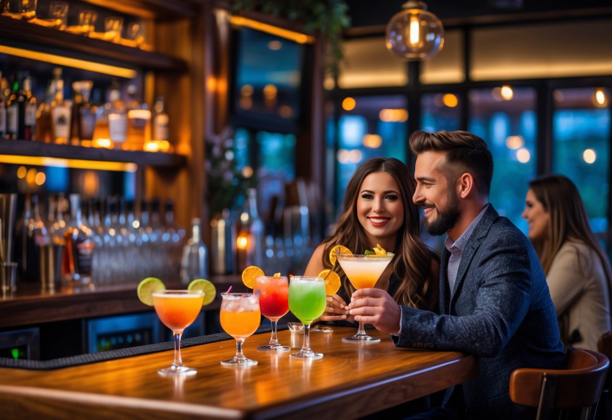 A couple enjoying cocktails at a warmly lit bar with wooden countertops and shelves of bottles in the background.