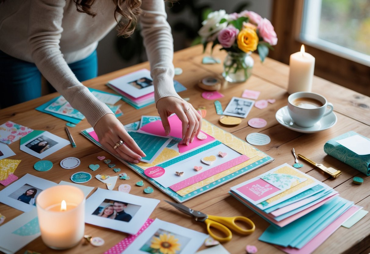Hands arranging scrapbook materials on a wooden table with photos, flowers, and a lit candle nearby.