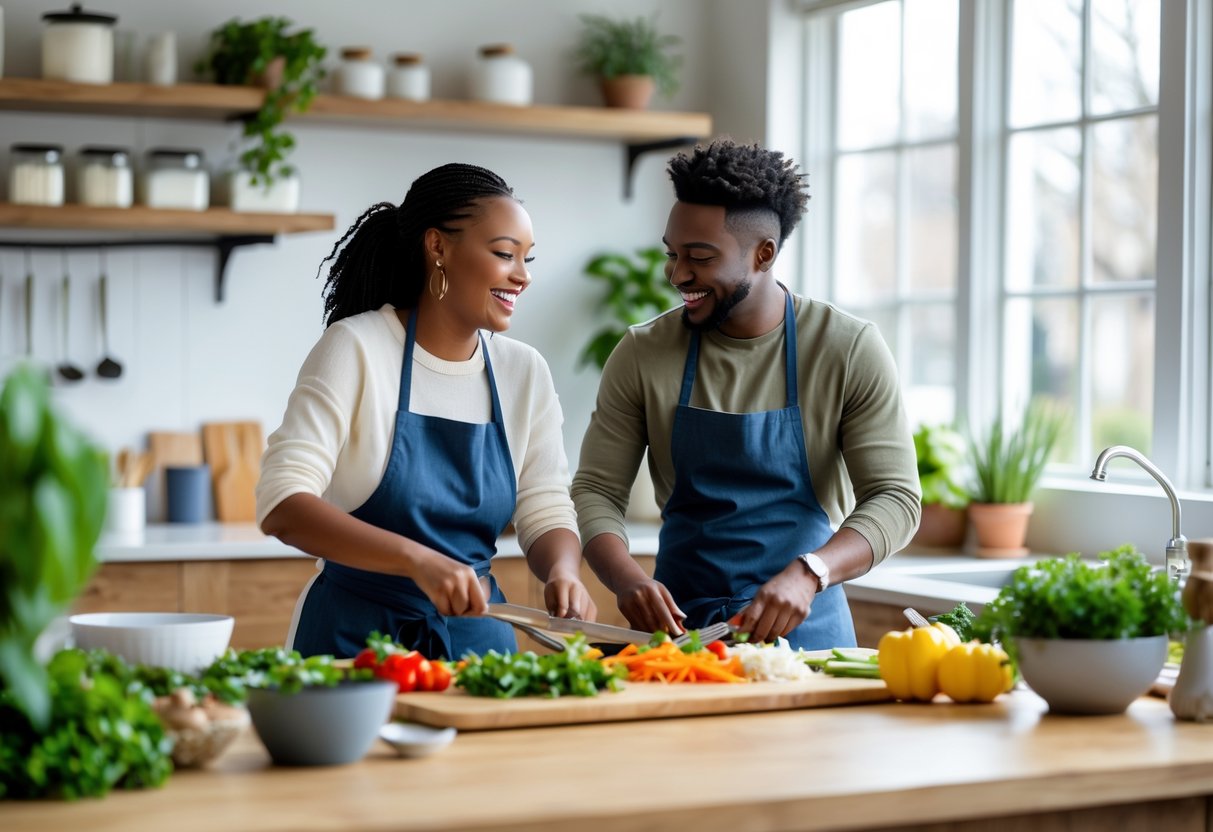 A young couple cooking together in a bright kitchen, smiling and preparing food side by side.