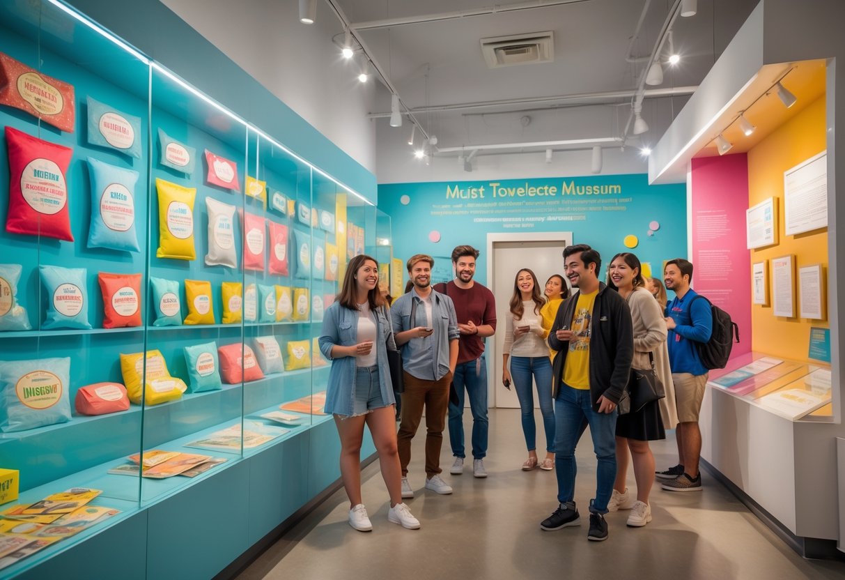 Visitors exploring colorful and unusual exhibits of vintage moist towelettes inside a bright museum.