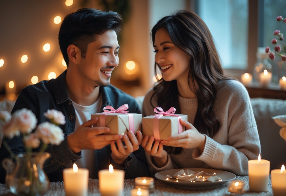 A couple exchanging small wrapped gifts at a candlelit table, smiling warmly at each other.