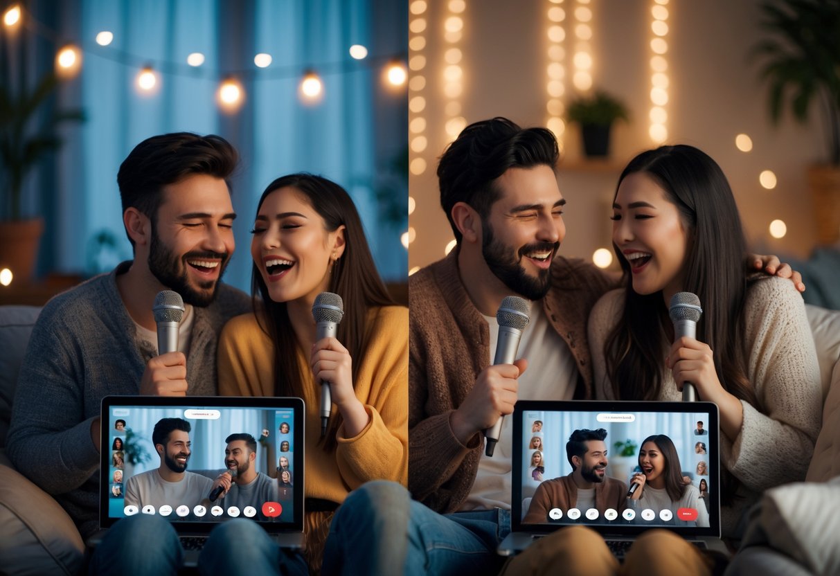 Two couples singing karaoke together over video chat, each in their own home, smiling and enjoying the moment.