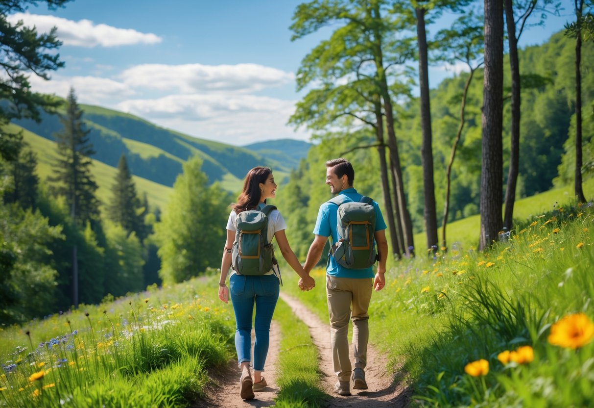 A couple walking hand in hand on a forest trail surrounded by trees and wildflowers under a blue sky.