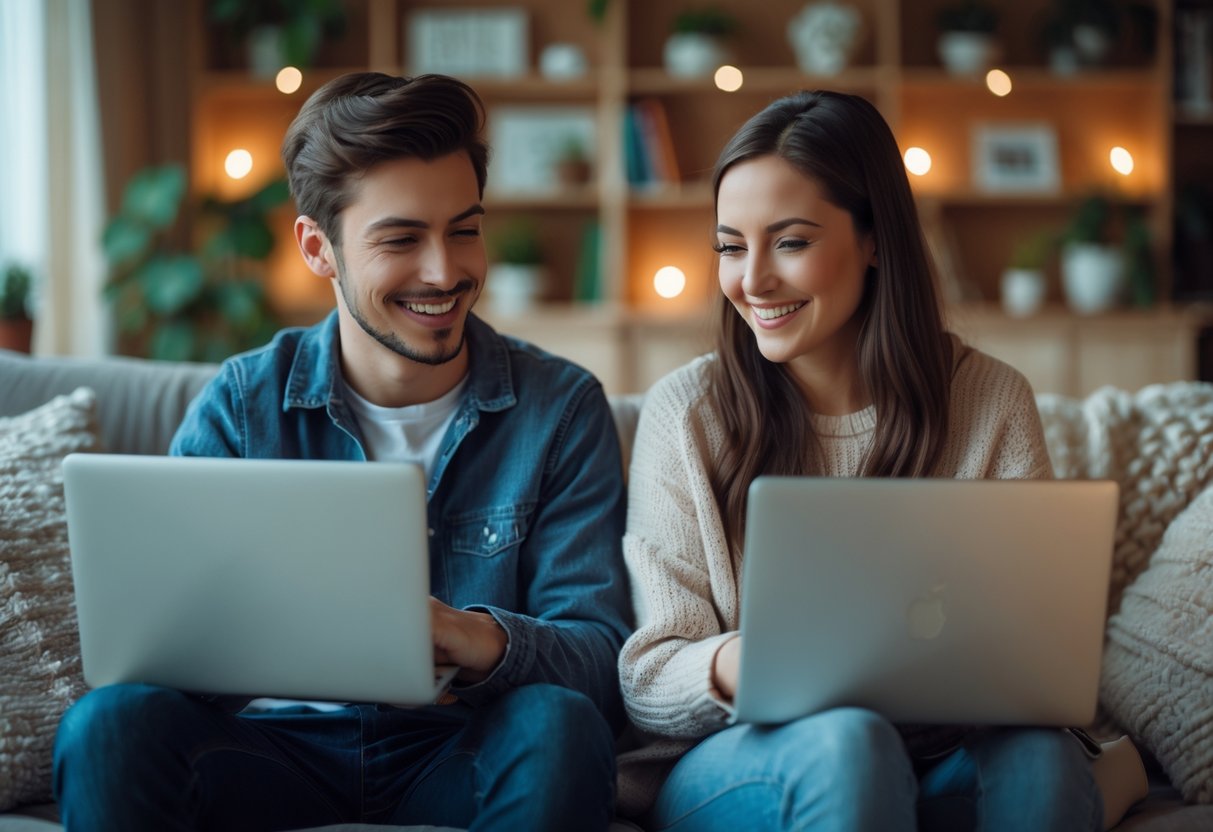 Two people smiling at each other during a video call from their separate homes.