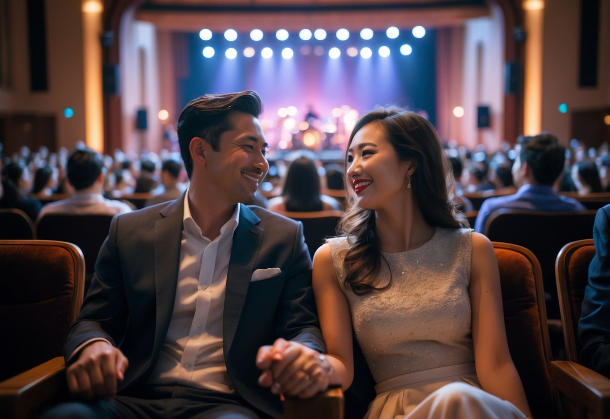 A couple sitting together in an auditorium, holding hands and watching a live performance on stage.