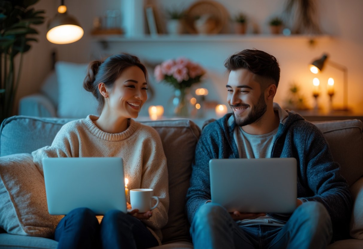 Two people in separate rooms smiling and talking to each other on video call using laptops.