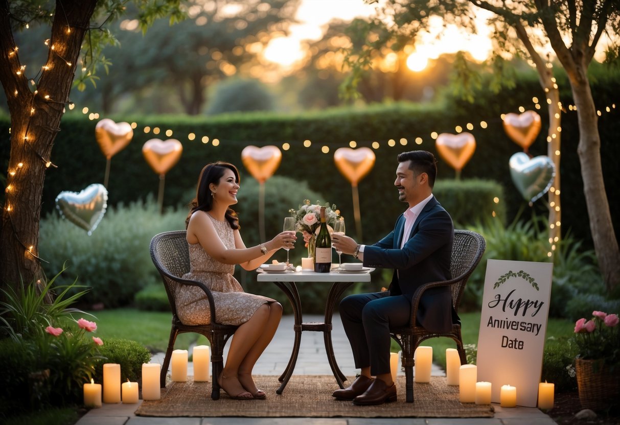 A couple holding hands and smiling at a candlelit table outdoors surrounded by greenery and soft lights.