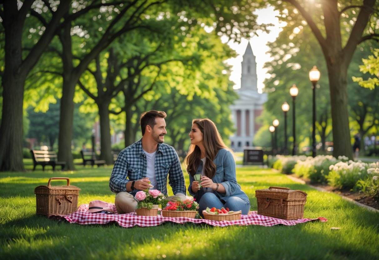 A young couple having a picnic in a green park with trees and a university campus in the background.