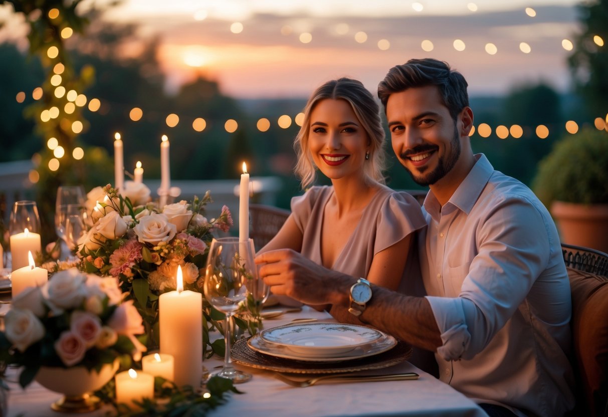 A couple enjoying a romantic outdoor dinner at sunset with a decorated table and warm lighting.