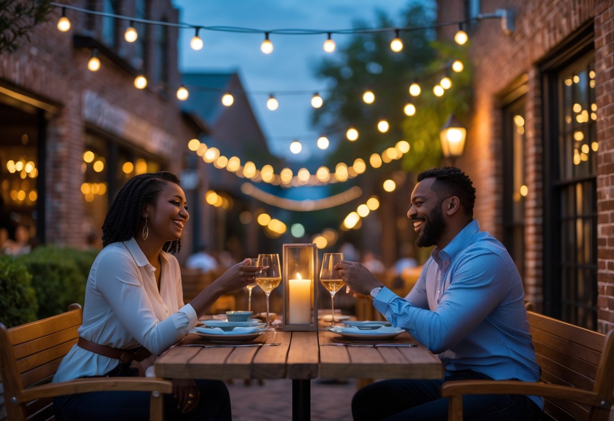 A couple enjoying a romantic dinner at an outdoor bistro with warm lighting and cozy atmosphere.