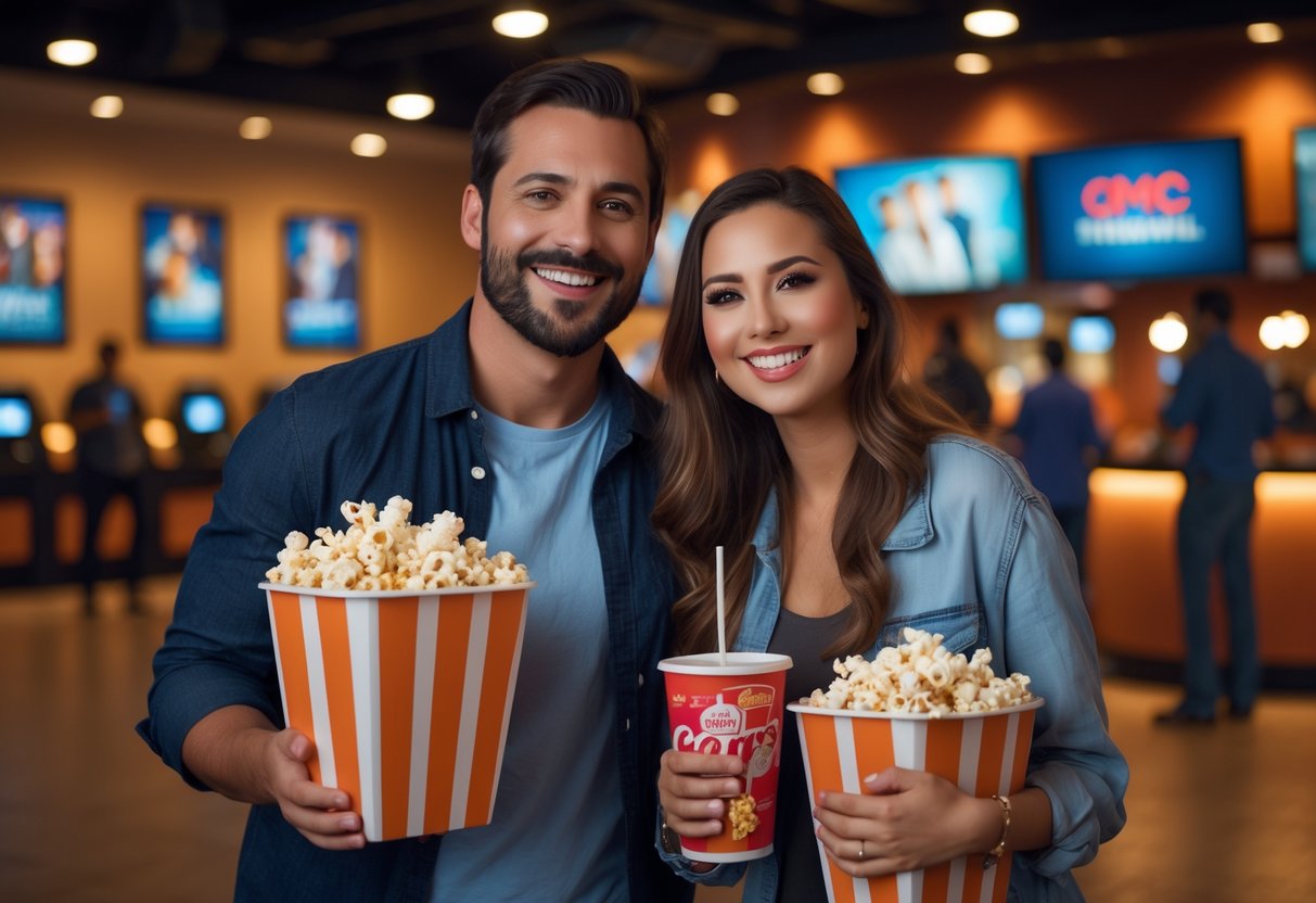 A couple holding popcorn and drinks in a movie theater lobby, smiling and preparing for a movie.