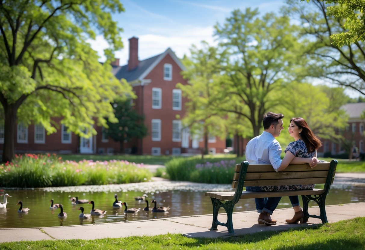 A young couple sitting on a bench by a pond in a green park with trees and a brick building in the background, enjoying a sunny day together.