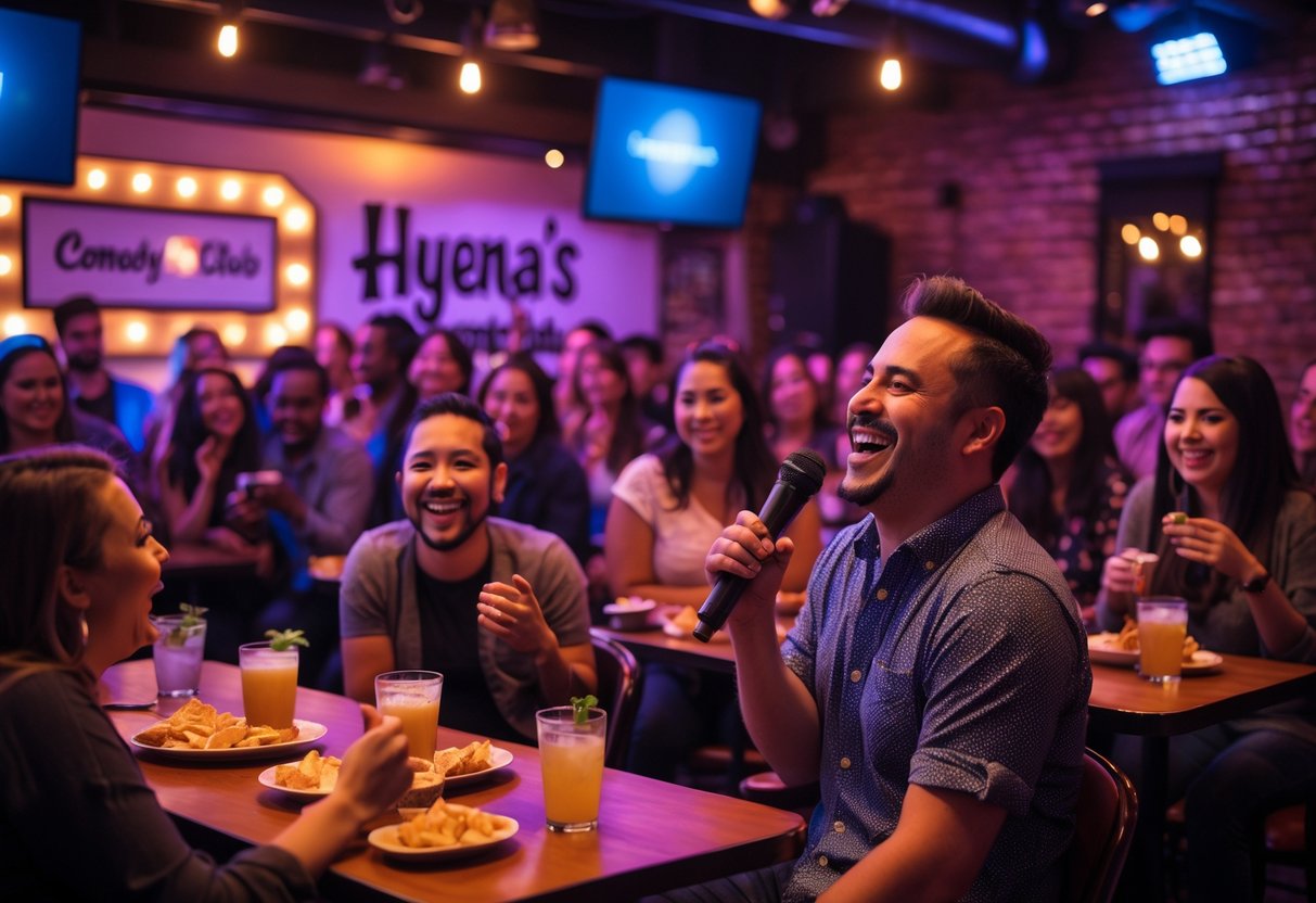 A comedian performing on stage at a comedy nightclub with an audience laughing and enjoying the show.