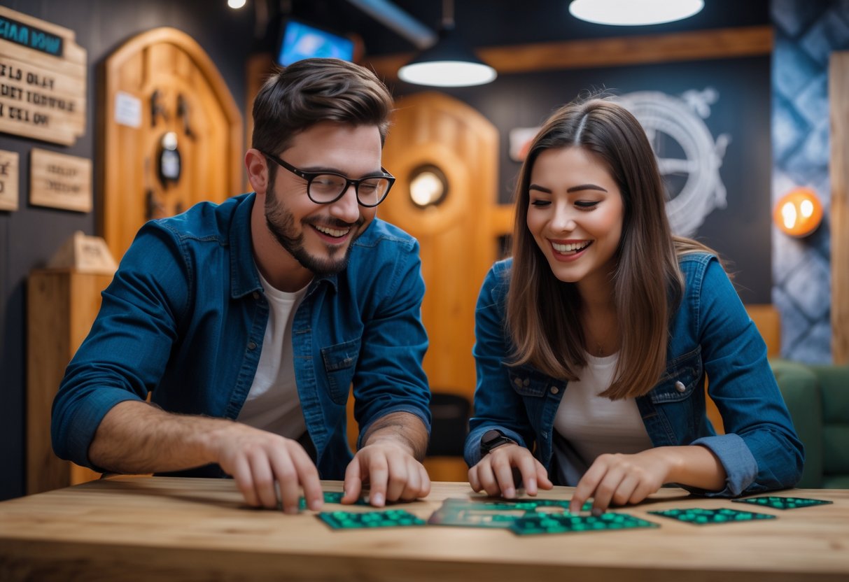A young couple working together to solve puzzles in an escape room.