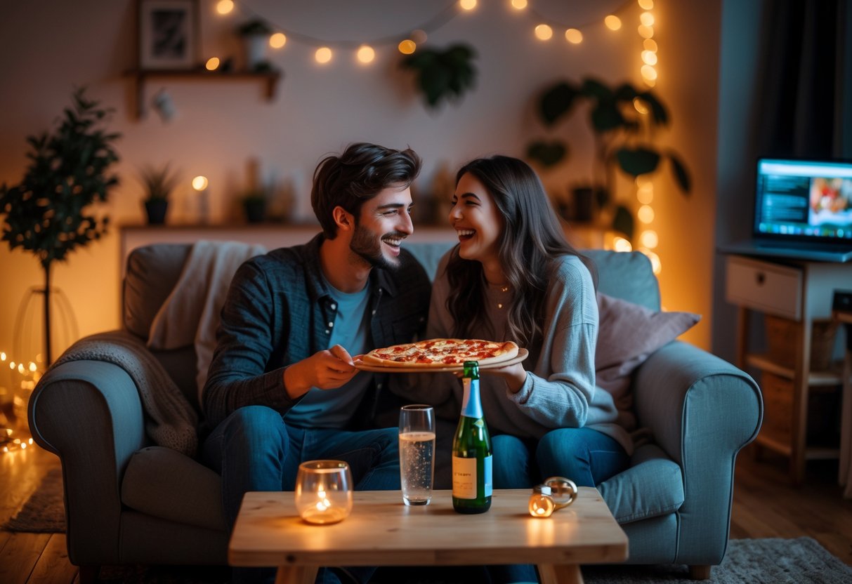 A young couple sitting on a couch sharing pizza and smiling in a warmly lit living room during an affordable date night.
