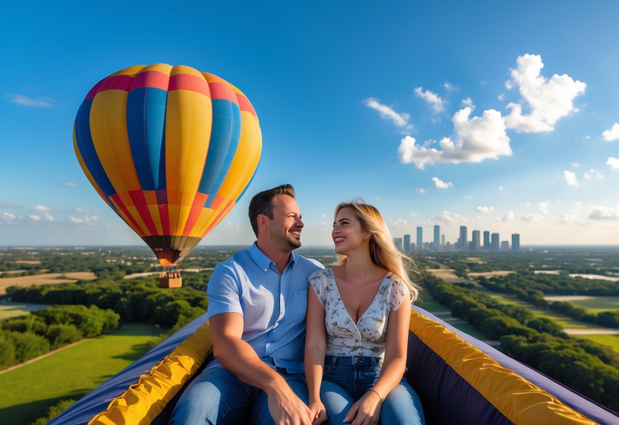 A couple enjoying a hot air balloon ride over a green landscape with a city skyline in the background on a clear sunny day.