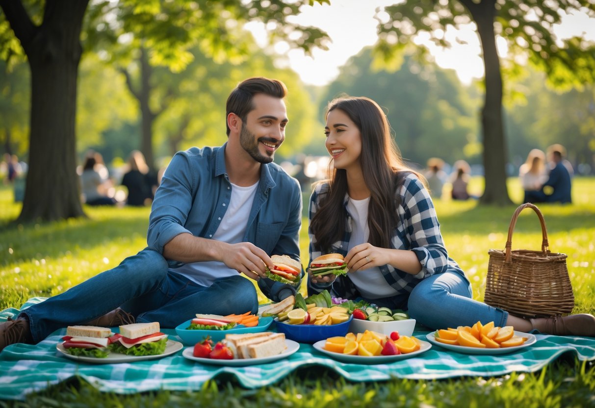 A couple sitting on a picnic blanket in a park, sharing homemade snacks on a sunny day.