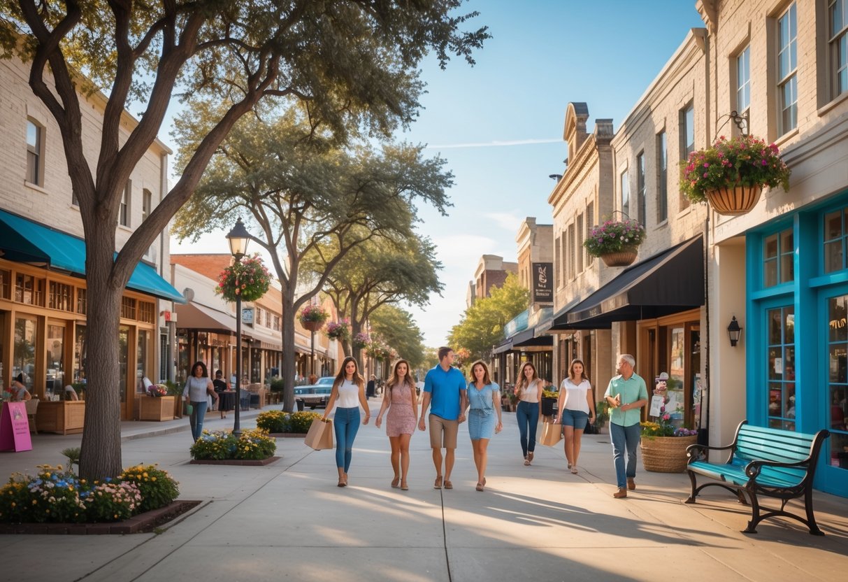 People walking and shopping on a sunny day in downtown Garland, Texas with shops and cafes lining the street.