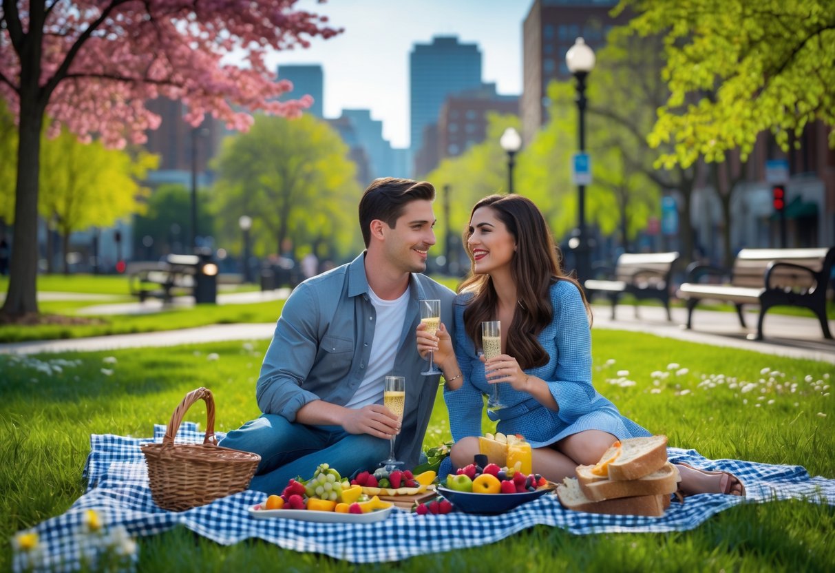 A young couple enjoying a picnic on a blanket in a city park with trees and buildings in the background.