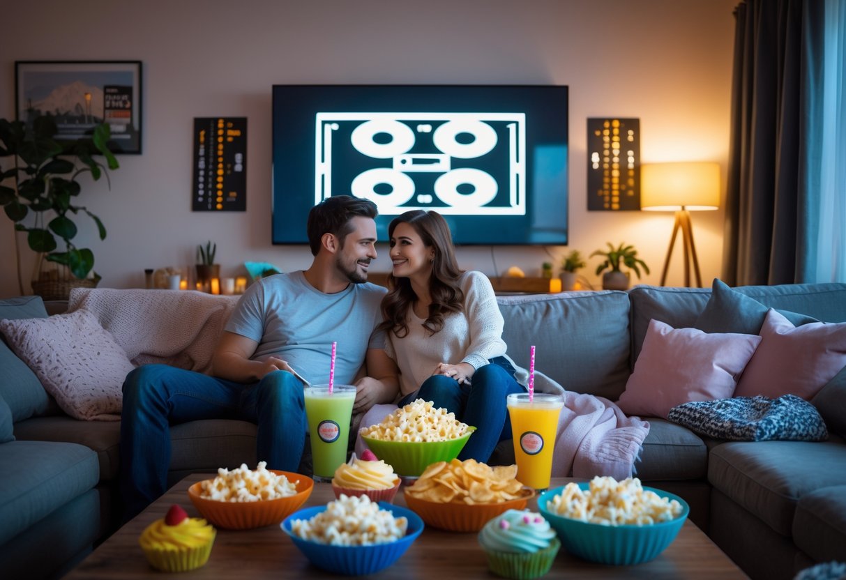A couple sitting on a sofa in a living room enjoying movie night with themed snacks on the coffee table.