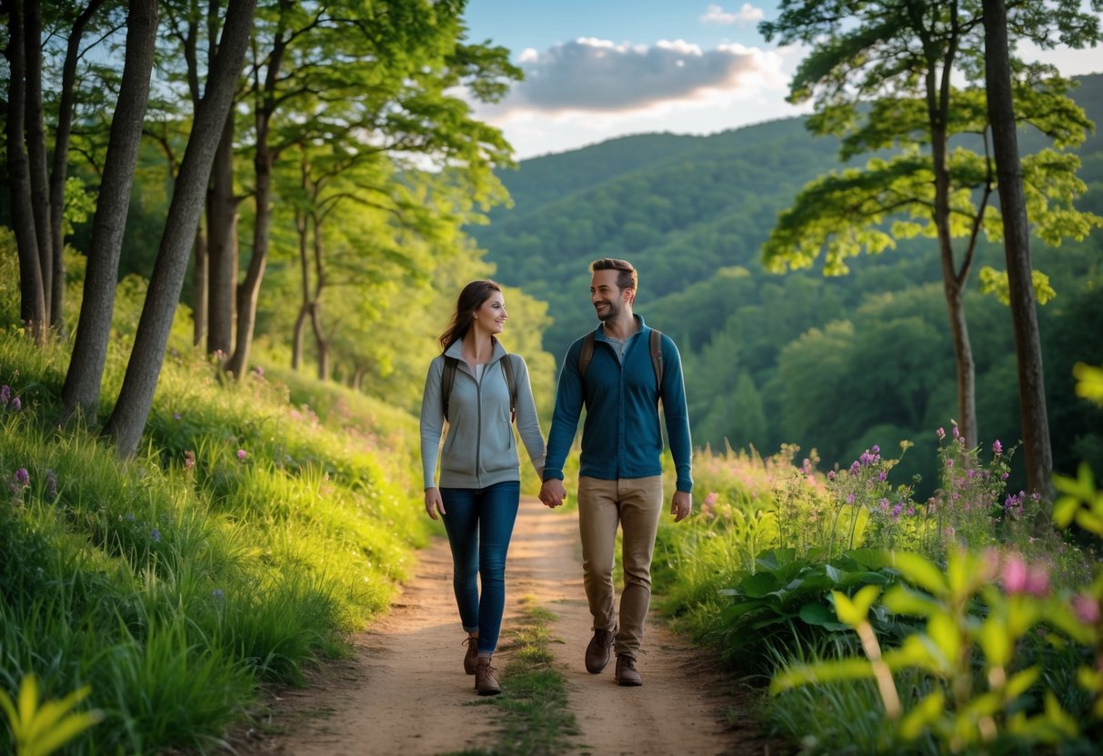 A couple walking together on a forest trail surrounded by trees and greenery.
