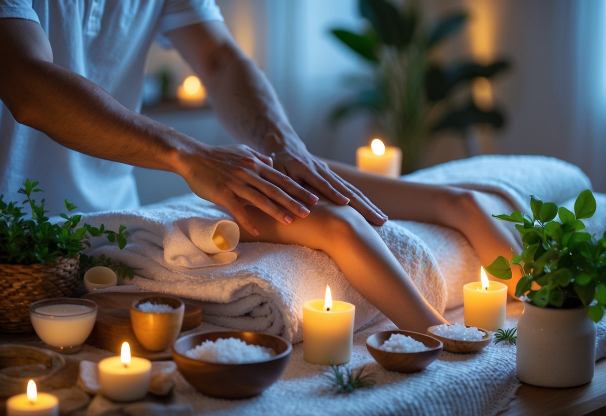A couple enjoying a relaxing massage surrounded by lit candles and spa items in a softly lit room.