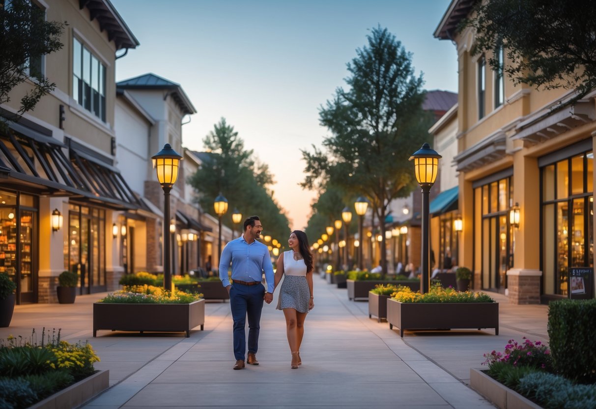 A couple walking hand-in-hand along a walkway at Firewheel Town Center with shops, street lamps, and greenery around them in the early evening.