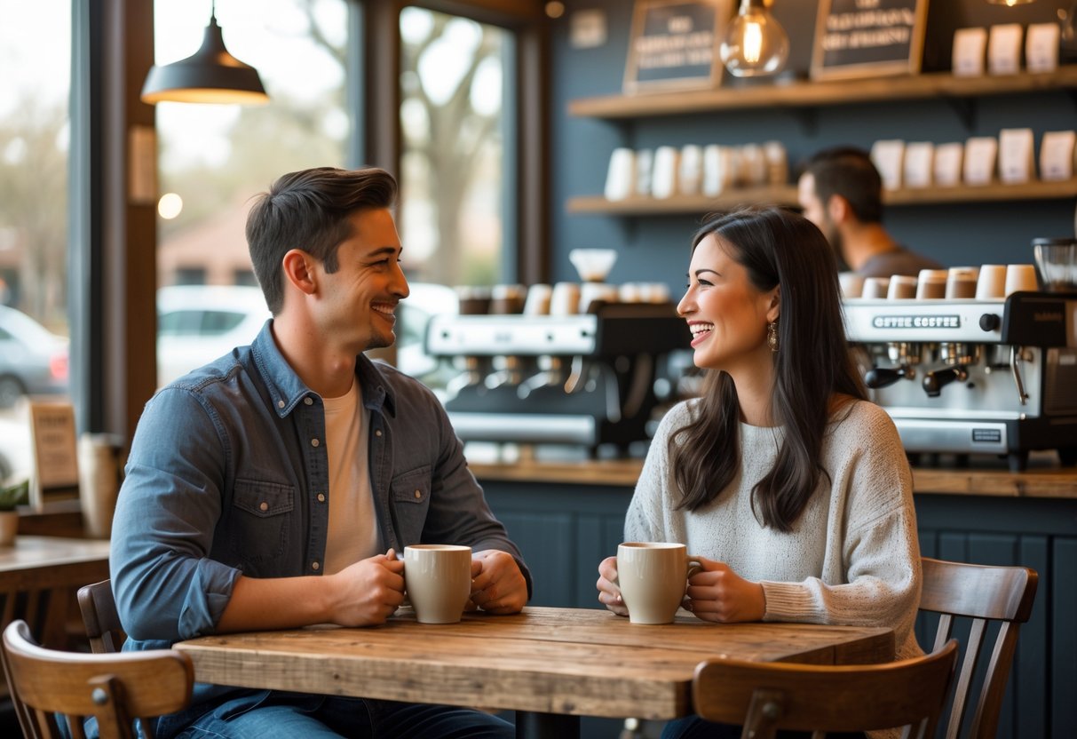 A young couple enjoying coffee together at a cozy coffee shop with wooden tables and natural light.