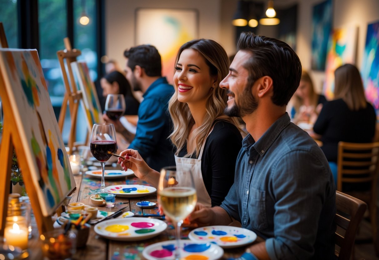A couple painting on canvases while enjoying wine at a paint and sip event in a cozy art studio.