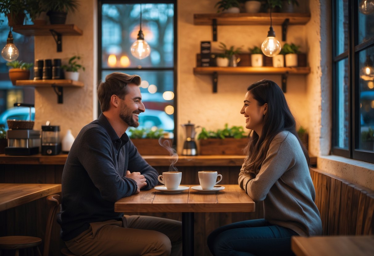 Two people enjoying coffee together at a small table inside a cozy café.